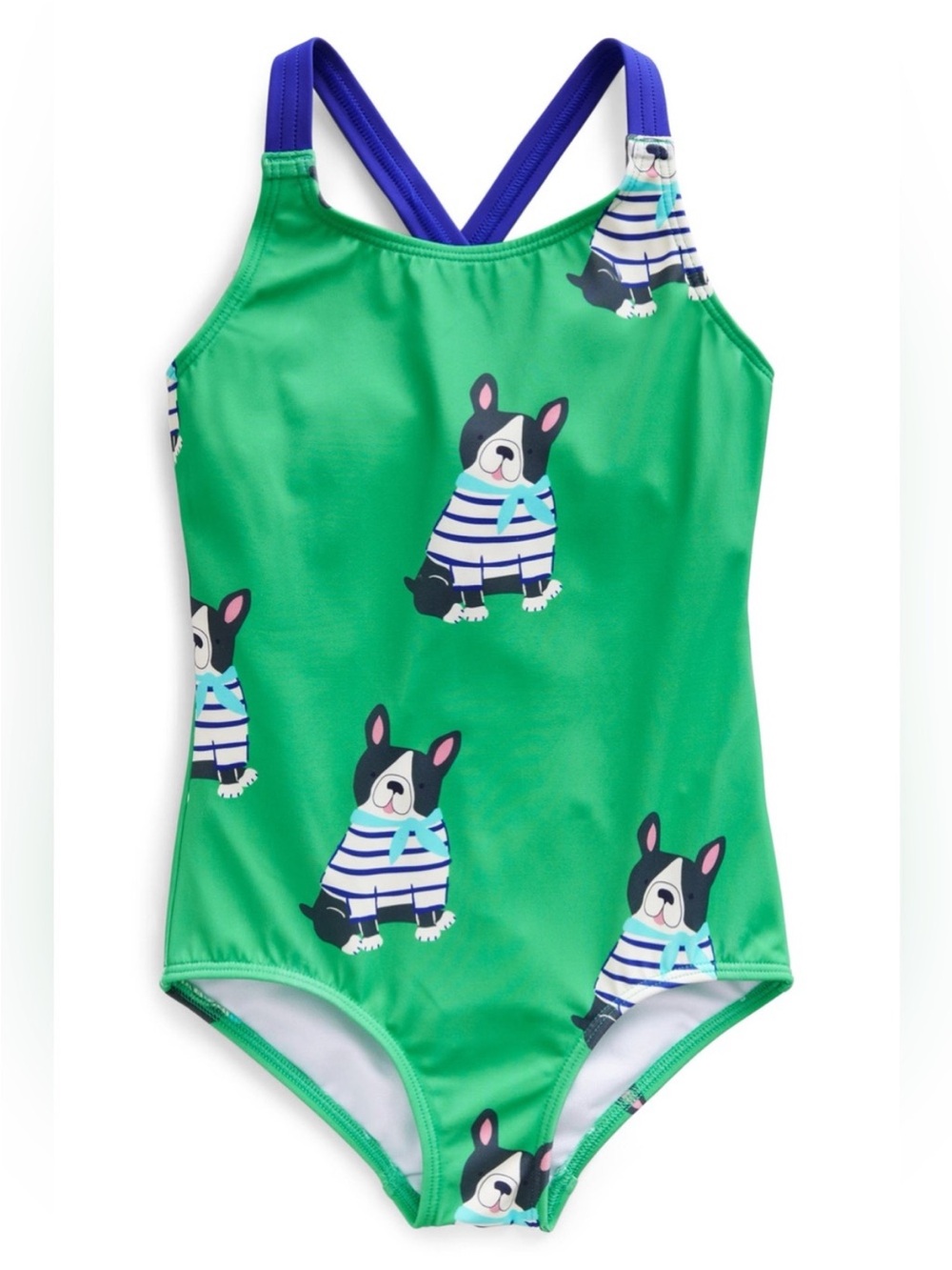 Mini Boden Cross-Back Swimsuit Dog Frenchie Print Green One Piece 9-10 years